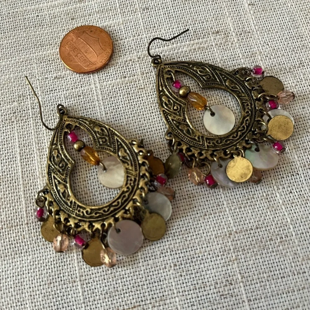 Vintage Bohemian brass mother of pearl earrings..